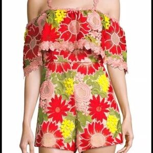 NWT Alice + Olivia Women’s Red Anelle Lace Ruffle Romper Size M/L